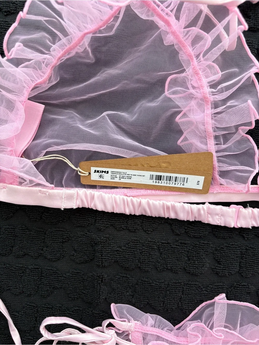 SKIMS Embroidered Tulle Triangle Bralette & Tie Side Thong Set | Bubble Gum | 2X